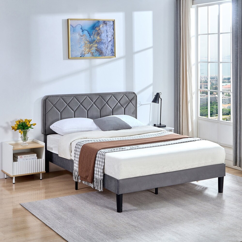 Upholstered Platform Bed Frame with Modern Adjustable Headboard  No Box Spring Needed