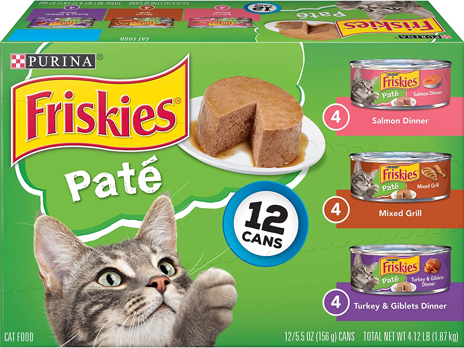 Purina Friskies Pate Wet Cat Food Variety Pack， Salmon， Turkey and Grilled - (2 Packs of 12) 5.5 oz. Cans