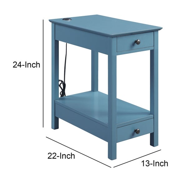 Wooden Frame Side Table with 2 Drawers and 1 Bottom Shelf， Teal Blue