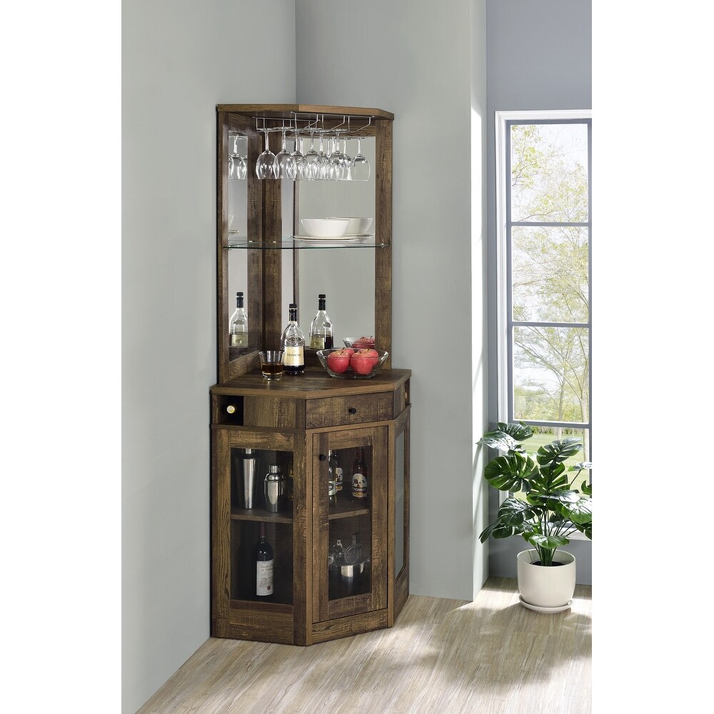 Coaster Furniture Alviso Rustic Oak Corner Bar Cabinet with Stemware Rack