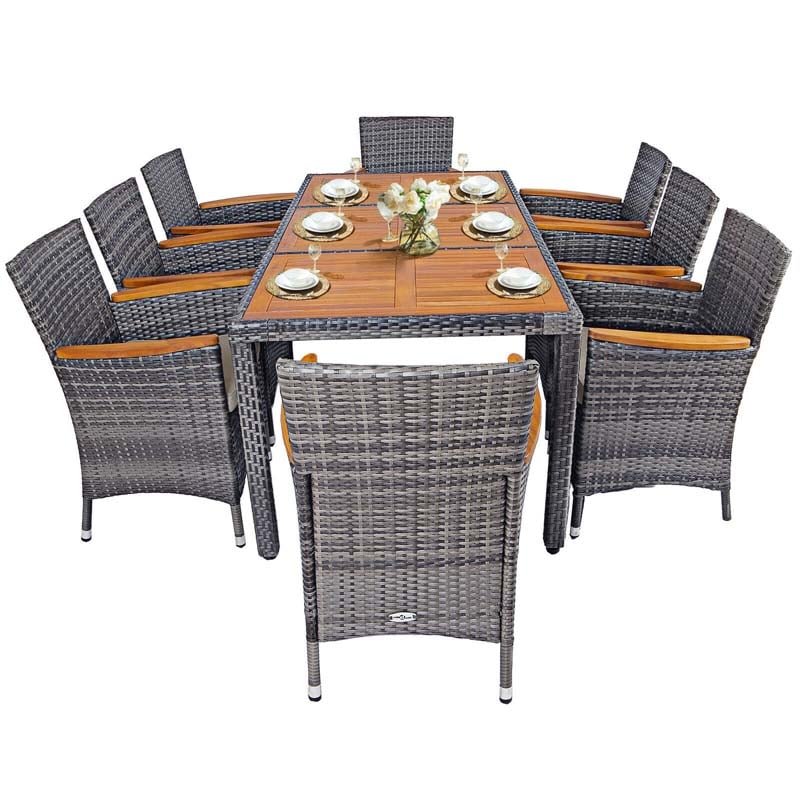 9 Pcs Rattan Patio Dining Set Outdoor Furniture Set with Acacia Wood Table & Cushioned Armchairs