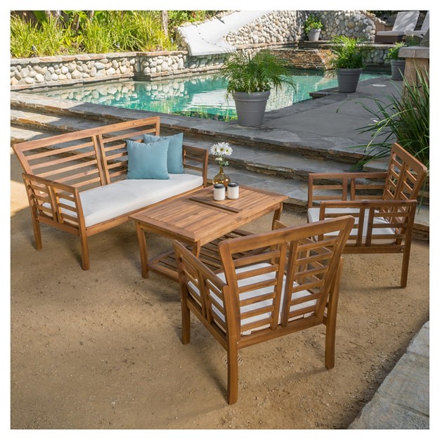 Caydon 4pc Acacia Wood Patio Chat Set With Cushions Brown Patina Christopher Knight Home