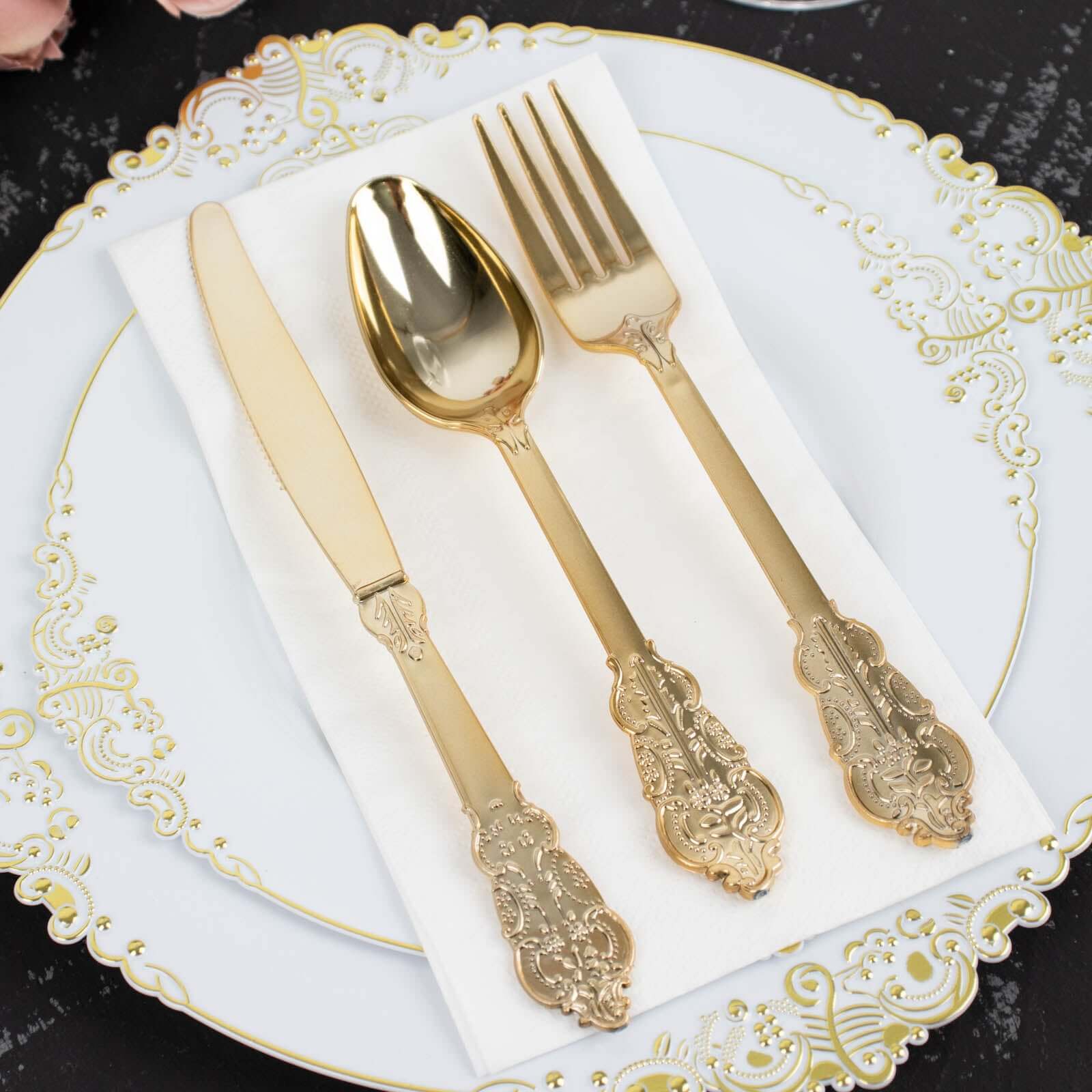 24 Pack Metallic Gold Baroque Style Heavy Duty Plastic Silverware Set