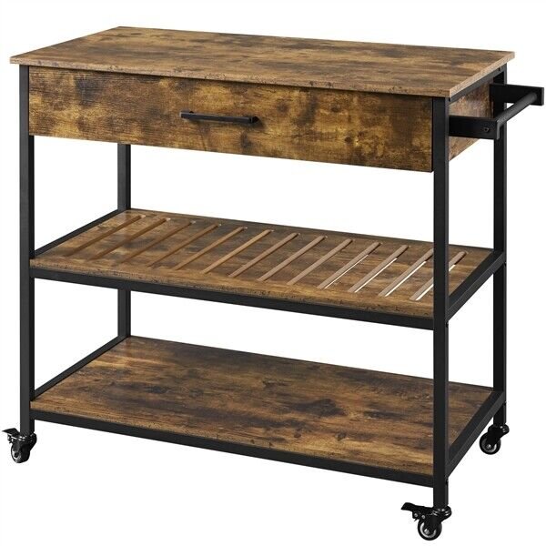 Rolling Kitchen Cart Serving Cart on Wheels w/Drawer and Shelves， Rustic Brown