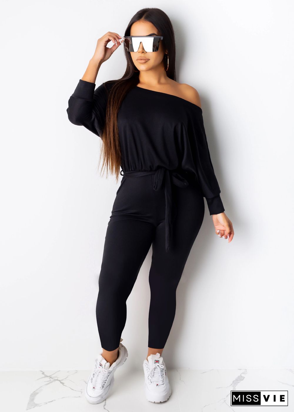 Fashion Oblique Shoulder Solid Color Long Jumpsuit