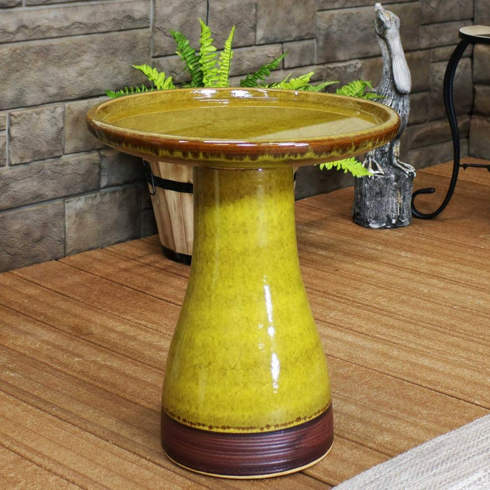 Sunnydaze Decor Duo-Tone Cognac Yellow Ceramic Bird Bath， UV/Frost-Resistant AP-374