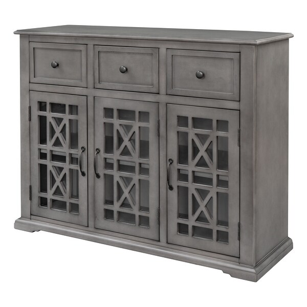 Wood Storage Cabinet with 3 Glass Doors， 3 Drawers and Interior Shelf Large Storage Space， Entryway Kitchen Dining Room