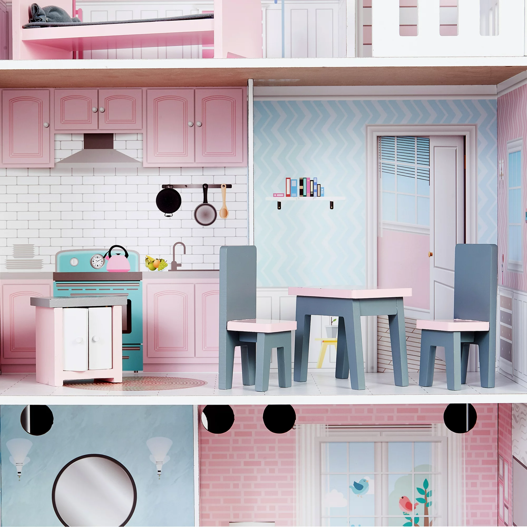 Teamson Kids Wonderland Ariel 2 in 1 Doll House and Play Kitchen， Pink/Grey