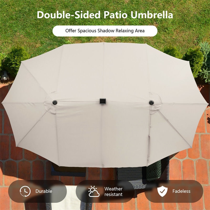 15 FT Large Outdoor Patio Table Umbrella with 48 Solar LED Lights & Crank, Double-Sided Metal Deck Pool Umbrella