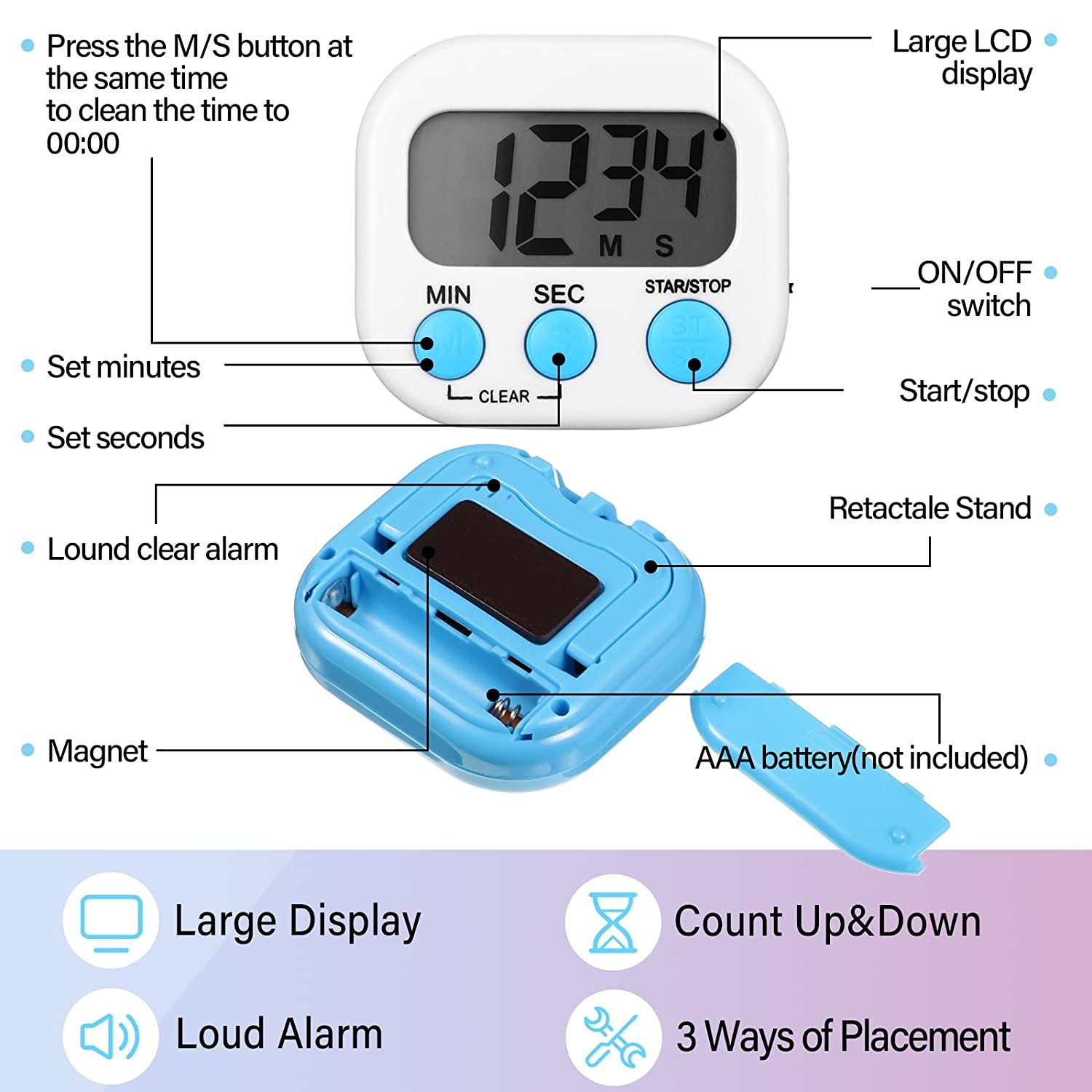 24 Packs Small Digital Kitchen Timer Magnetic Back And Switch Minute Second Count Up Count