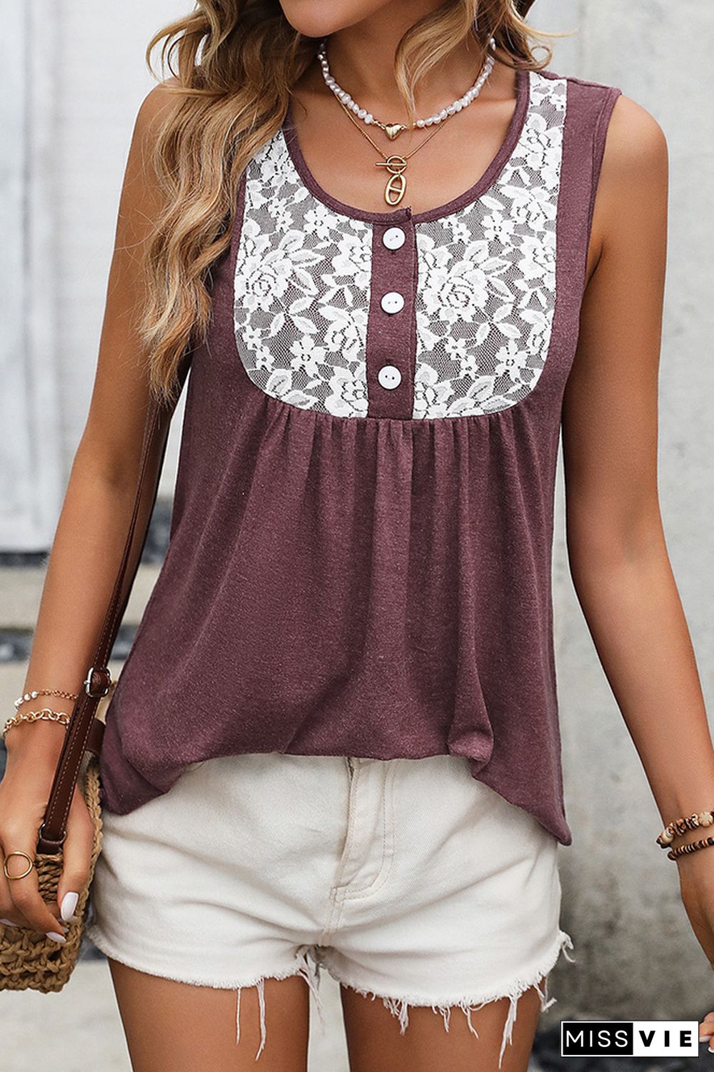 Plain Lace Splicing Buttoned Tank Top