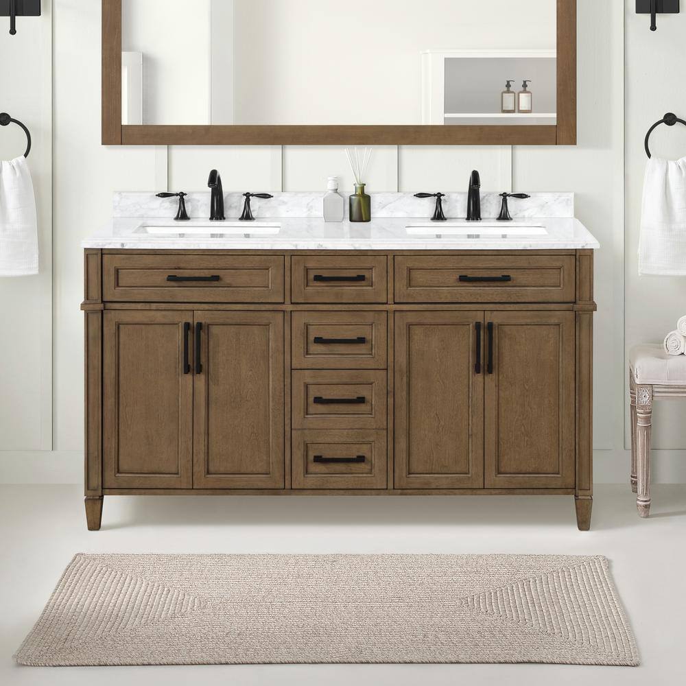 Home Decorators Collection Caville 60 in. W x 22 in. D x 34.50 in. H Bath Vanity in Almond Latte with Carrara Marble Top Caville 60AL