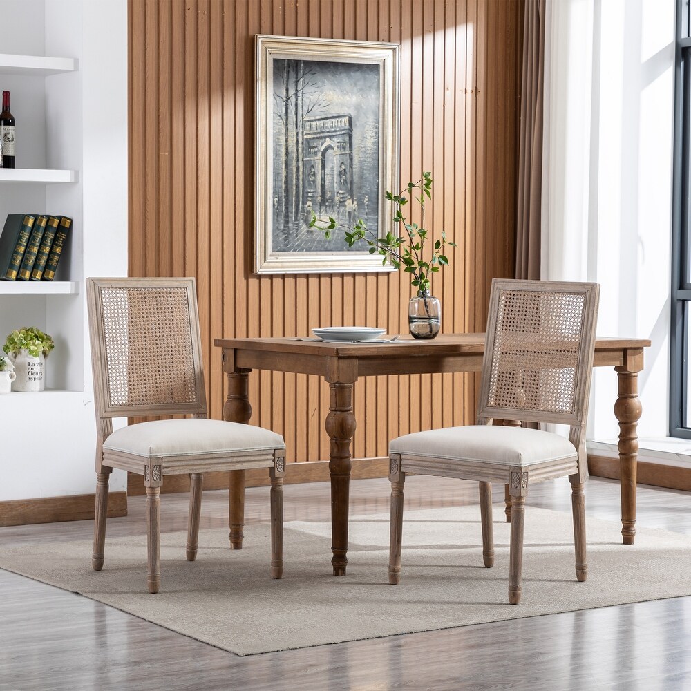 French Style Rattan Back Dining Chairs with Linen Fabric Upholstered Accent Side Chairs and Solid Wood Legs Seat of 2