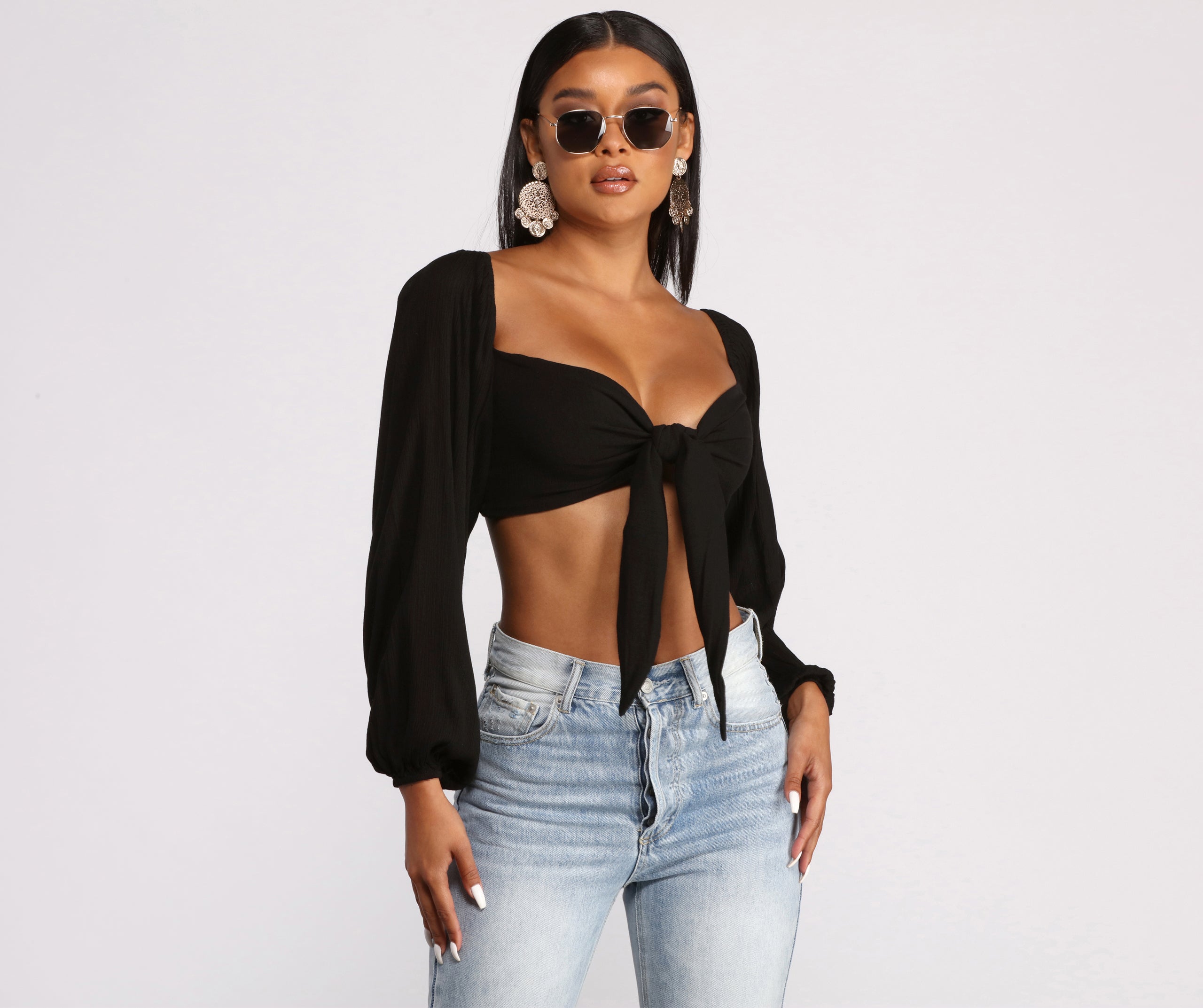 Long Sleeve Gauze Tie Front Crop Top