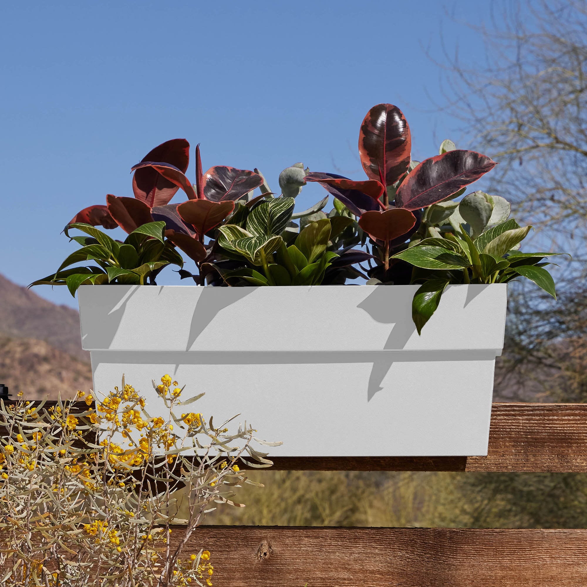 Bloem Finley Deck Rail Rectangle Planter: 24" - Casper White - Matte Finish, Fits Rail Sizes 3"-6", 100% Recycled Plastic Box, For Indoor and Outdoor Use, Gardening, 7.5 Gallon Capacity