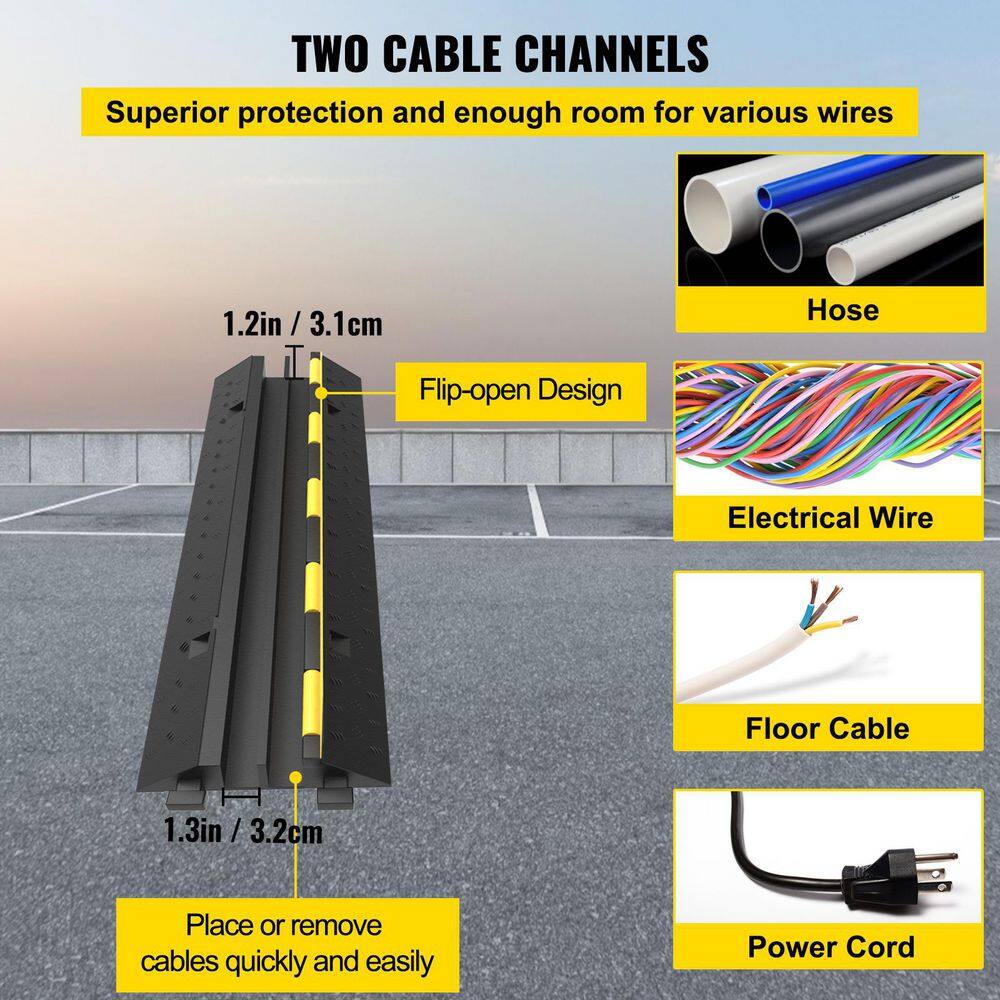 VEVOR Cable Protector Ramp 2-Channels Modular Speed Bump Hump Rubber 11000 lbs. Load for Wire Cord Driveway Traffic (4-Pack) DLBHQXSLX4PCSTMPKV0