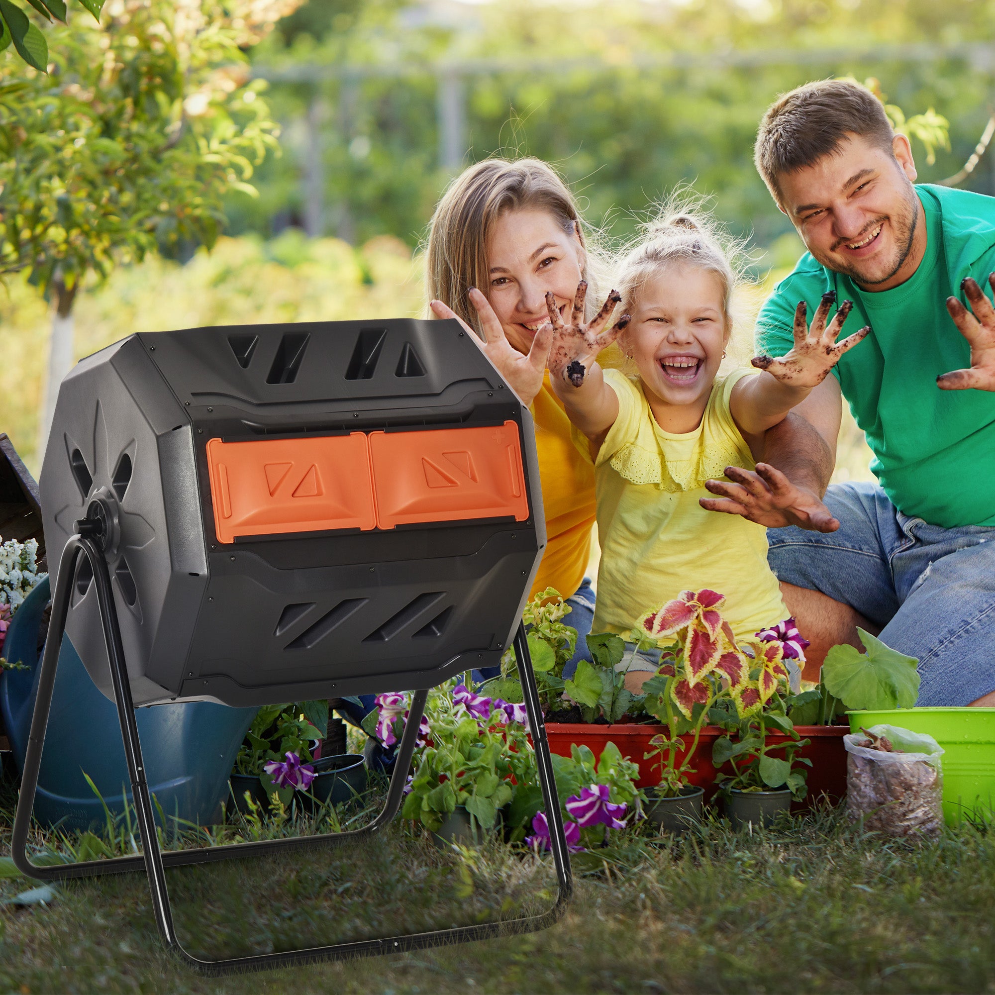 Outsunny Outdoor Tumbling Compost Bin w/ Dual Chamber, Sliding Doors, Orange