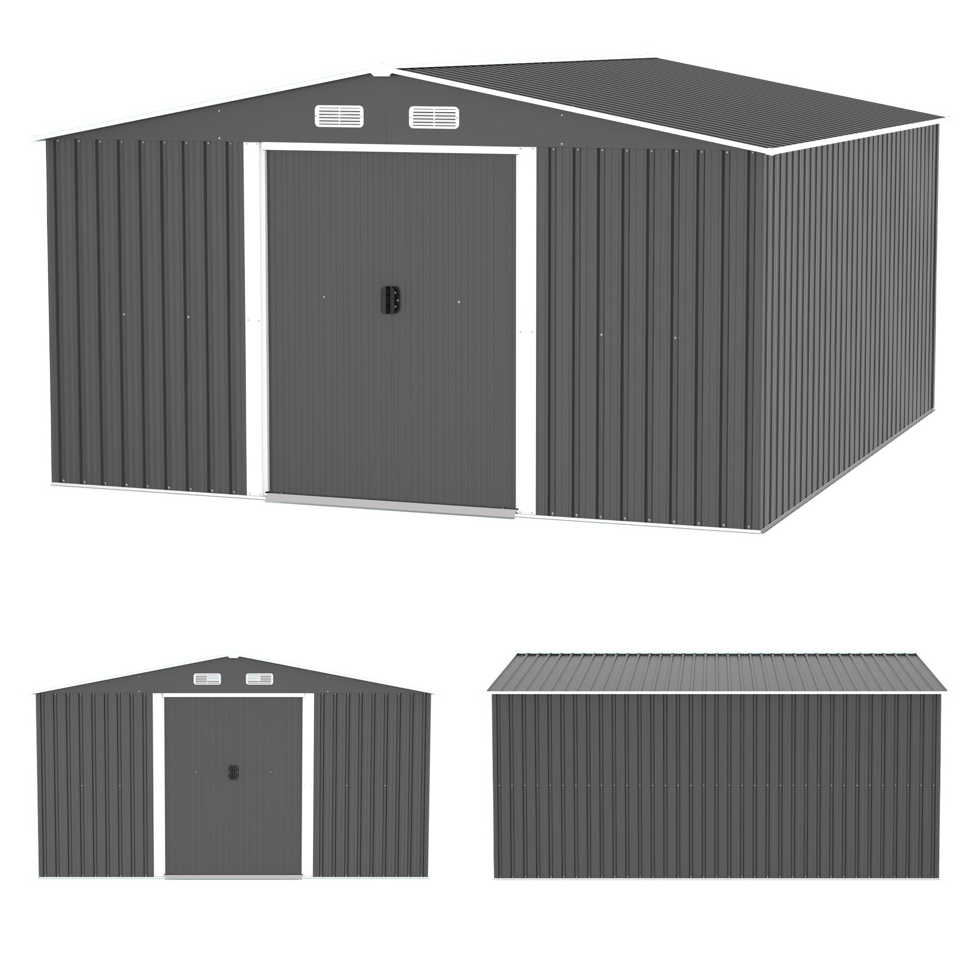 LZBEITEM 11 x 13 ft. Outdoor Metal Storage Shed，Galvanized Steel Garden Shed，Metal Garden Tool Shed with Double Lockable Sliding Doors for Backyard Patio Lawn,Black