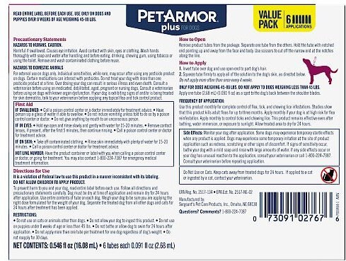 PetArmor Plus Flea and Tick Spot Treatment for Dogs， 45-88 lbs