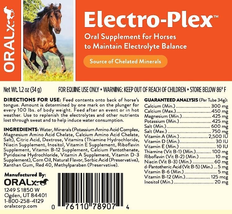 Oralx Electro-Plex Electolyte Recovery Paste Horse Supplement， 1.2-oz syringe