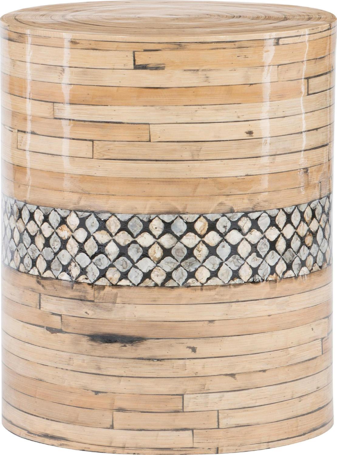 Linon Dahlia Drum Accent Side Table， Natural Bamboo Finish with Opalescent Capiz Shell Accents