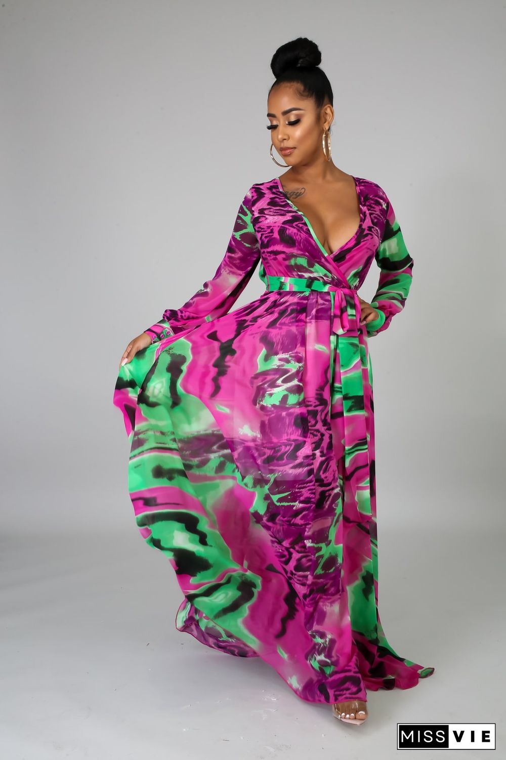 Summer Vacation Printed Long Sleeve Deep V Neck With Waist Belt A Line Women Maxi Dress