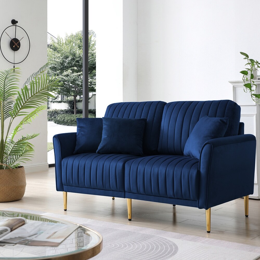 Blue Velvet Upholstered Loveseat Sofa Channel Tufting Lounge Loveseat with Reversible Back and 2 Pillows  Living Room Couch