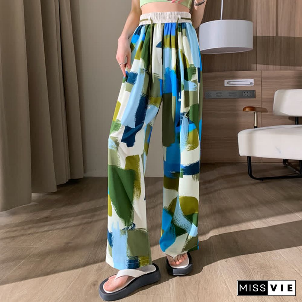 Colorblock High Waist Wide Leg Casual Pants