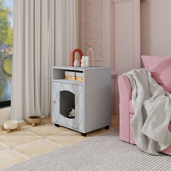 Wood Side Table with Pet House， Grey(17.21