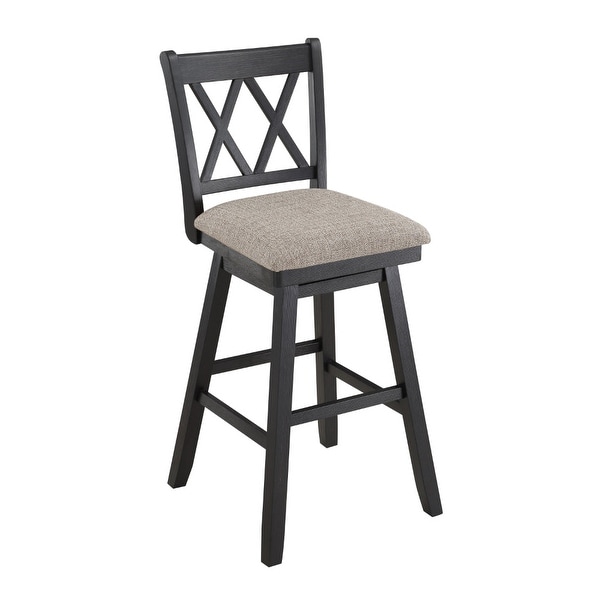 Jasmine 29 Inch Handcrafted Rustic 360 Degree Swivel Barstool Chair， Crossed Black Wood Frame， Gray