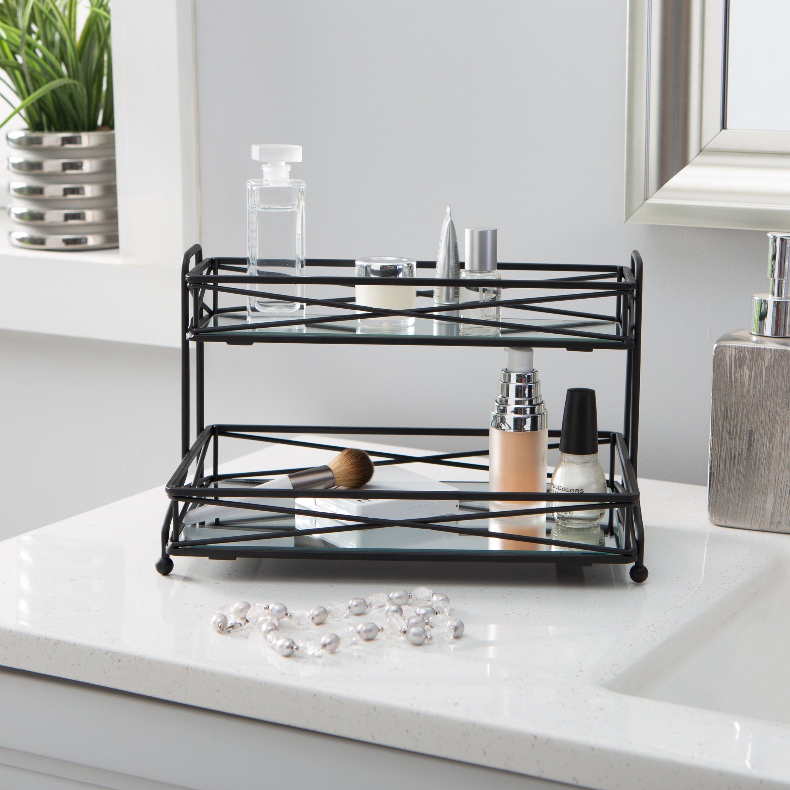 Home Details 2 Shelf Tiered Vanity Tower Organizer, Matte Black