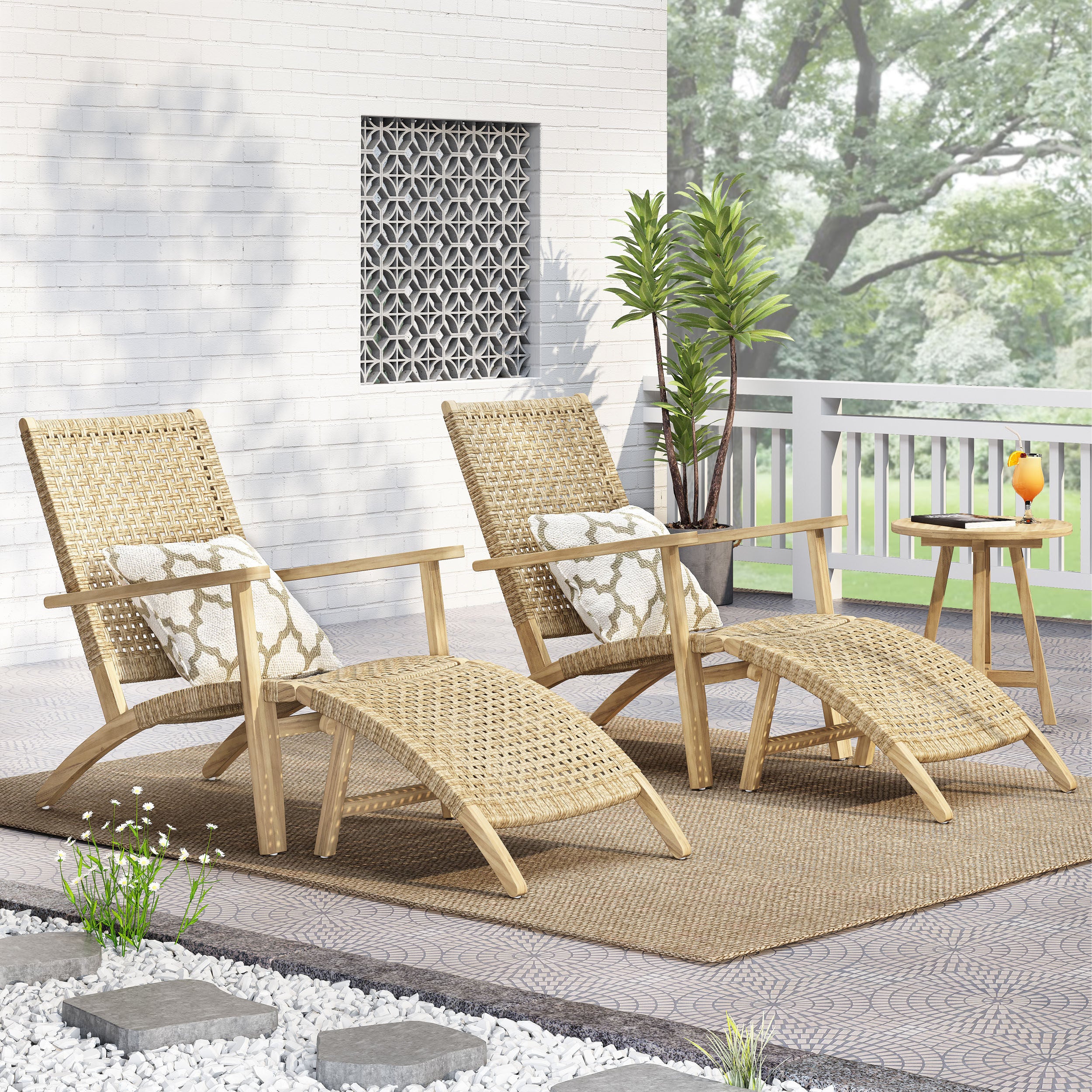 Arlost Outdoor Wicker Lounge Chairs with Ottoman, Set of 2, Light Brown and Light Multibrown