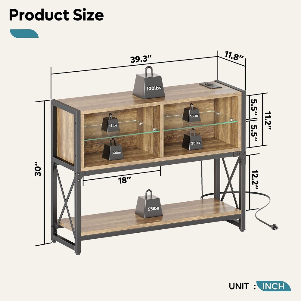 Industrial Console Table with LED Lights and Charging Station