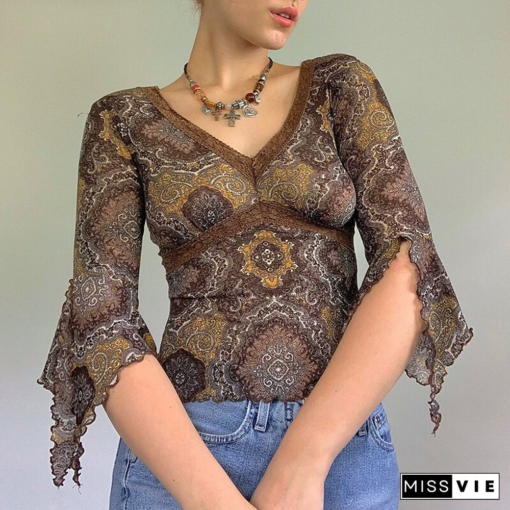 Autumn Lace Floral Mesh Tops Women Vintage Half Flare Sleeve V Neck T-Shirts Female Elegant Slim Brown Tee Shirts Mujer