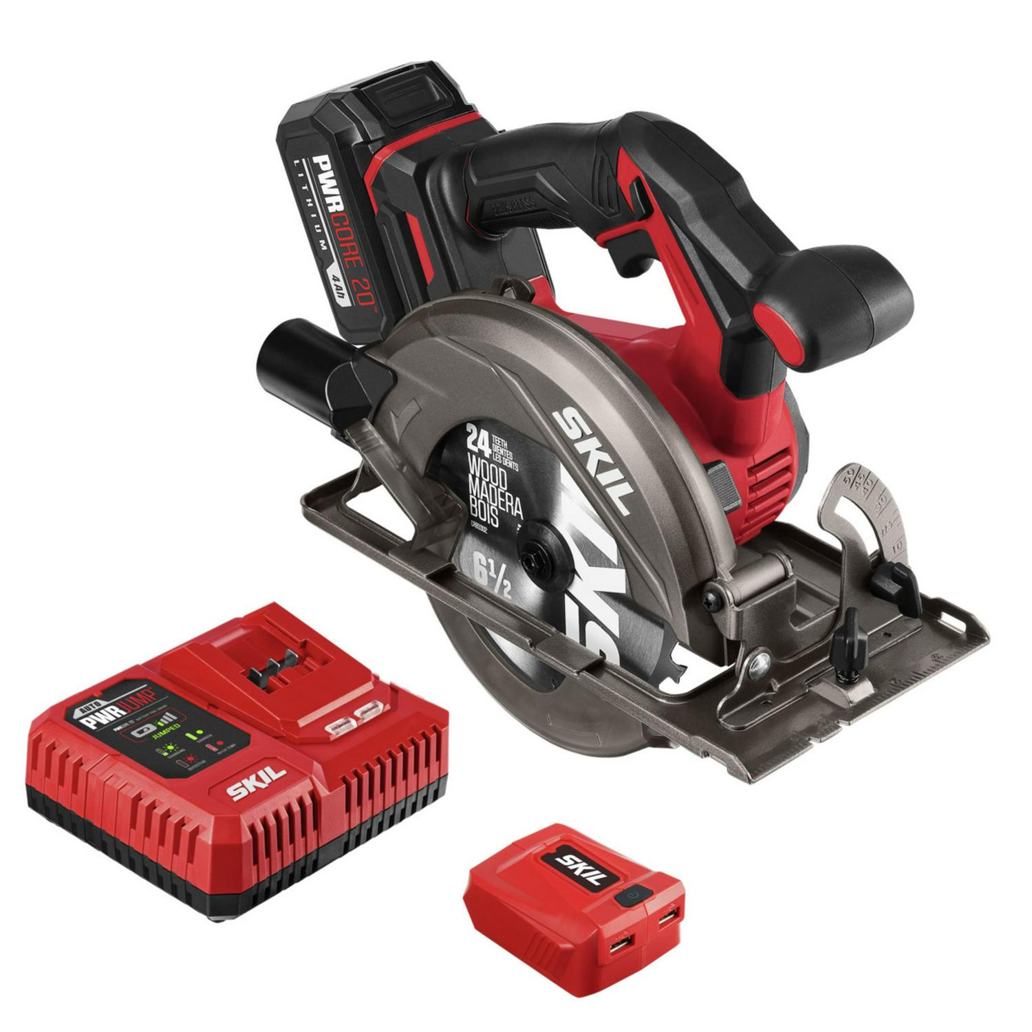 SKIL PWR CORE 20a c Brushless 20-Volt 6.5 in Circular saw Kit with 4.0 Ah Lithium Battery and PWR JUMPa c Charger