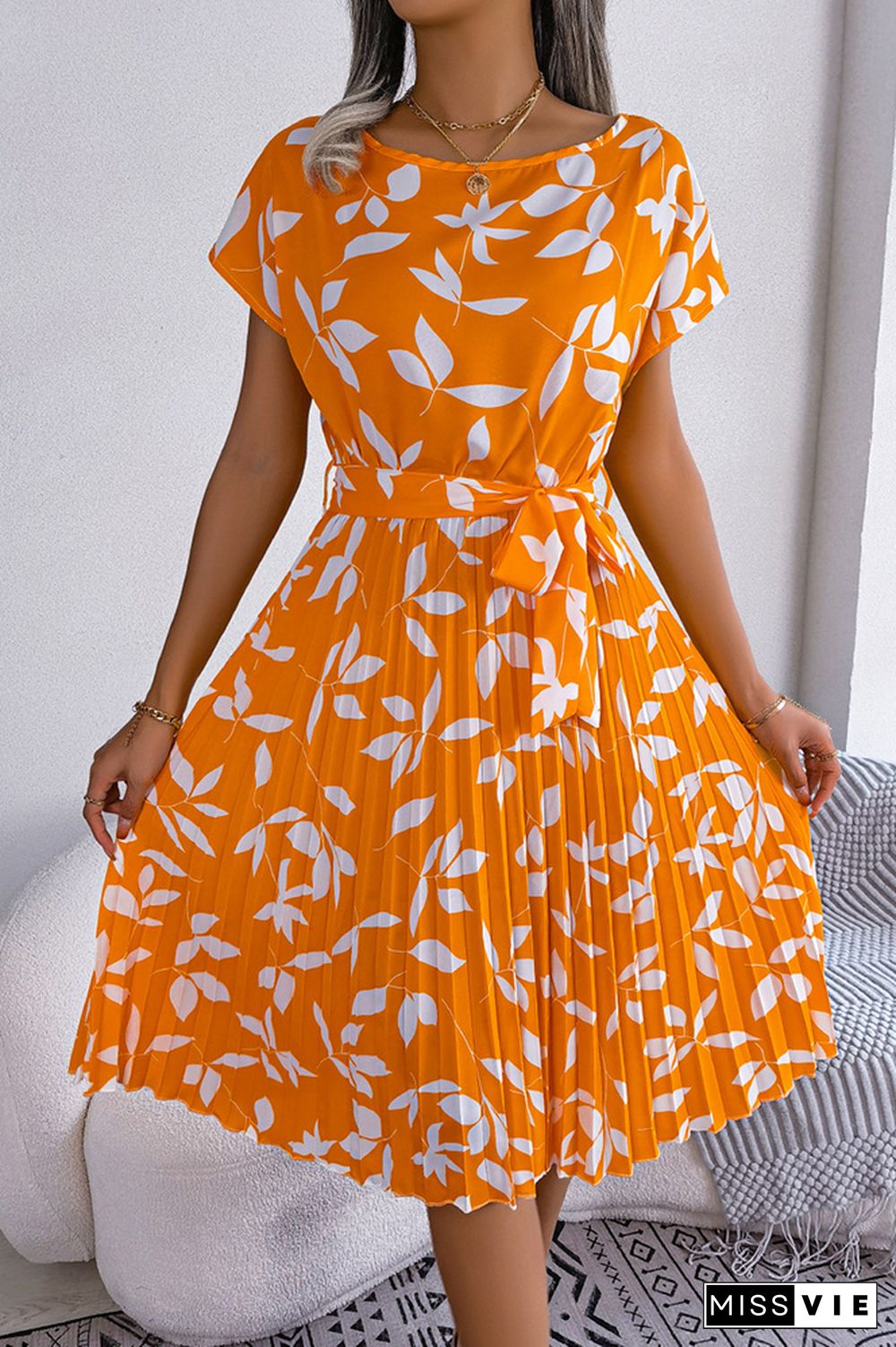 Leaf Print Pleated Midi Dress With Sash