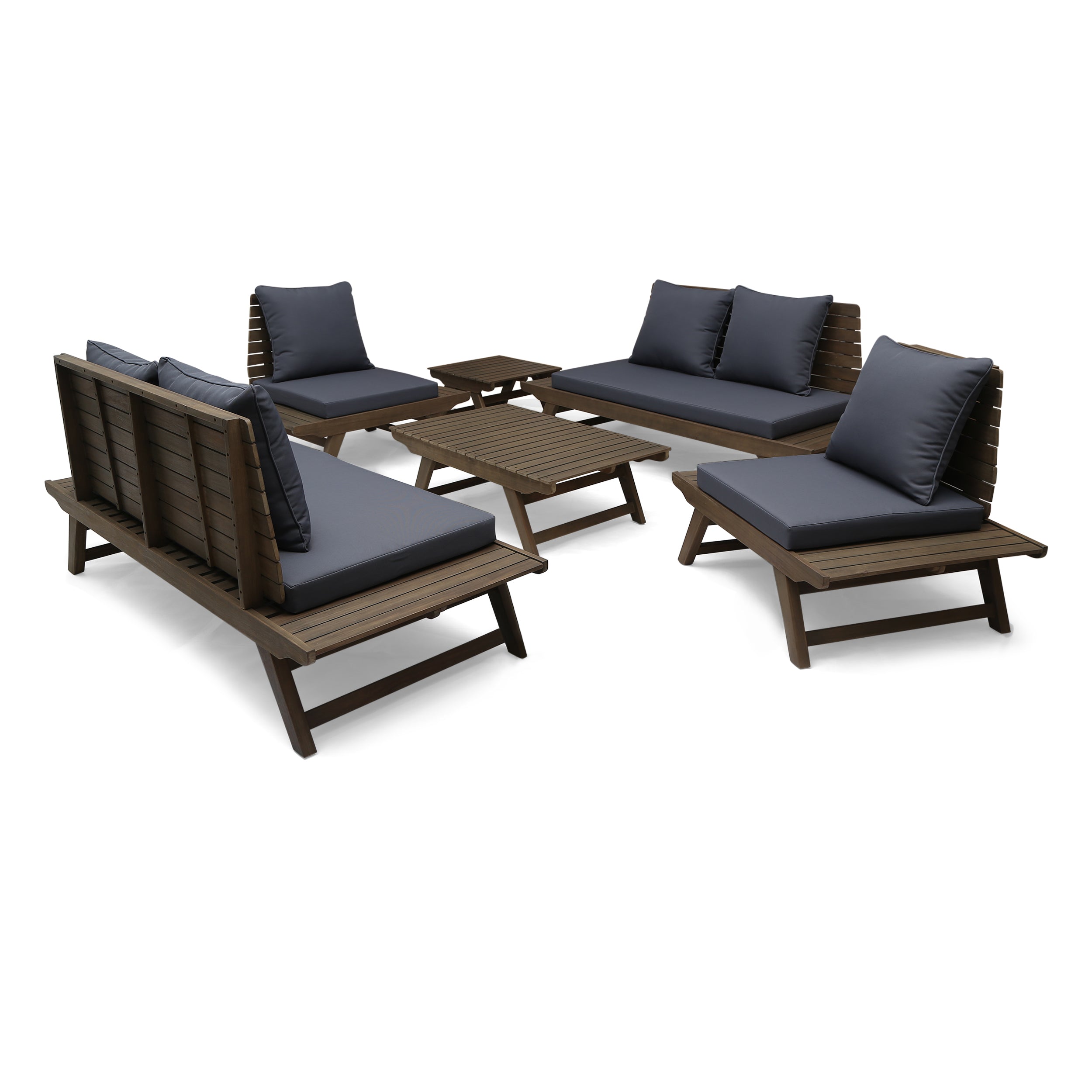 Jennifer Outdoor Acacia Wood 6 Seater Chat Set with Side Table and Coffee Table