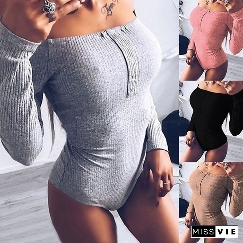 Women Sexy Bodysuits Off Shoulder Skinny Jumpsuits Long Sleeve T Shirt Casual Tops For Women