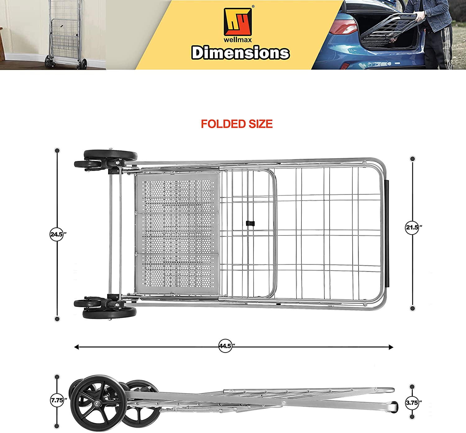 Wellmax Shopping Cart with Wheels, Metal Grocery Cart with Wheels, Shopping Carts For Groceries