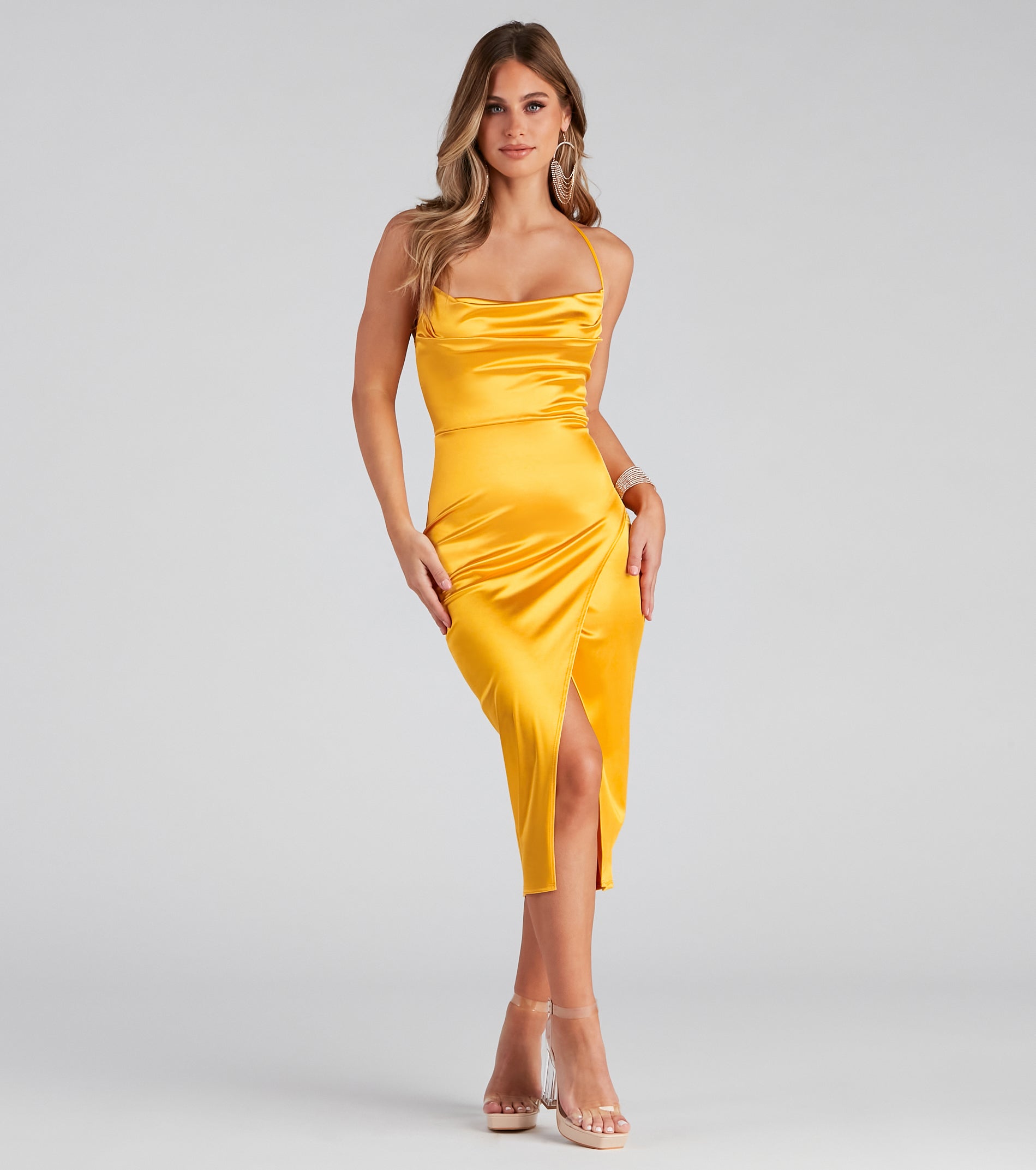 Lillyanne Formal Satin Asymmetrical Midi Dress