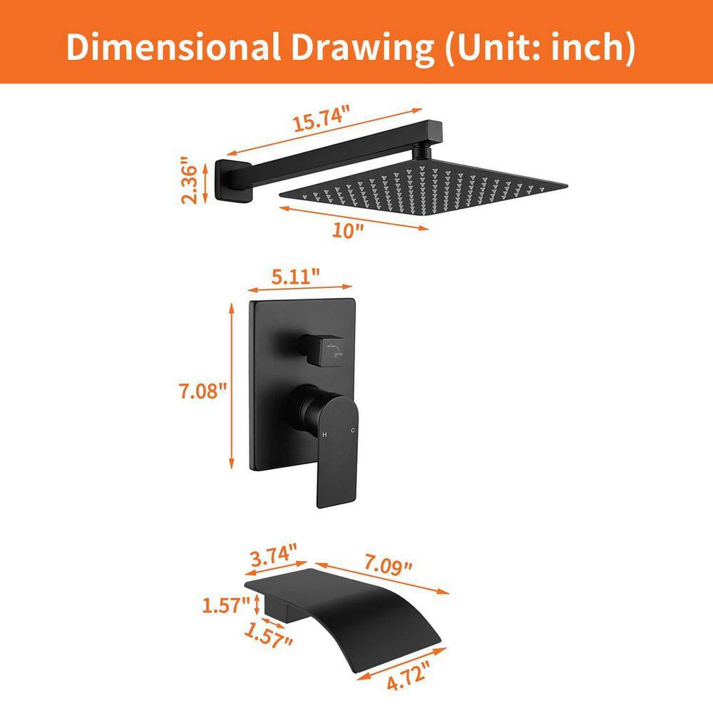 Boyel Living Single-Handle 1-Spray Tub and Shower Faucet with 10 in. Square Fixed Shower Head in Matte Black (Valve Included) BL-33012B