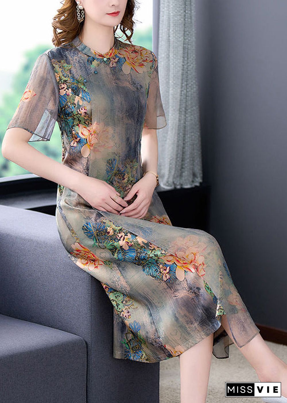 Women Light Grey Stand Collar Tie Dye Print Slim Fit Silk Dress Summer