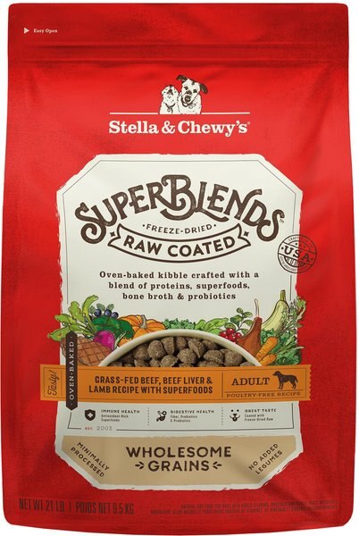 Stella and Chewy's SuperBlends Raw Coated Wholesome Grains Grass-Fed Beef， Beef Liver and Lamb Recipe with Superfoods Dry Dog Food