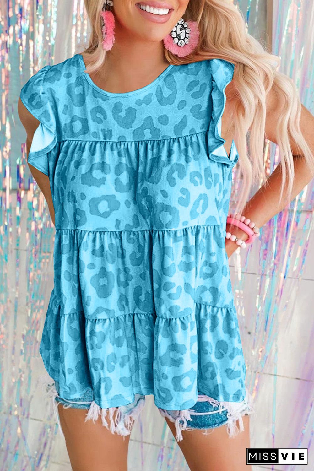 Sky Blue Leopard Print Flutter Sleeve Tiered Tank Top