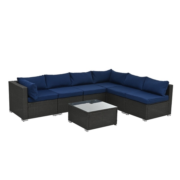 7Pcs Outdoor Sectional Furniture Set，AllWeather PE Rattan Sectional Sofa Conversation Set w/ Coffee Table and Washable Cushions