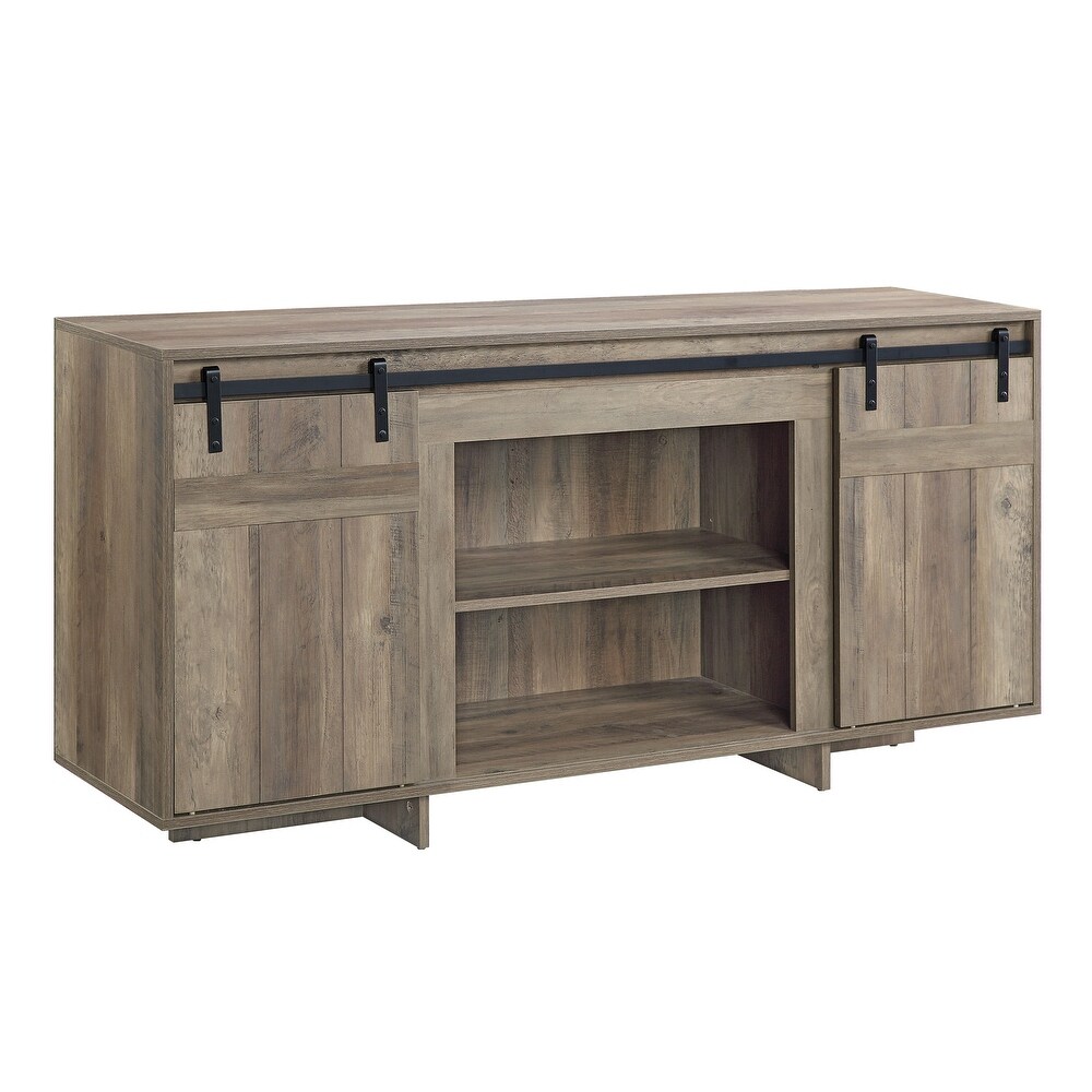 Oak Farmhouse Style TV Stand in Gray Washed Finish  with Adjustable Shelves and Cord Management for up to 60\