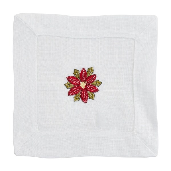 Embroidered Cocktail Napkins With Poinsettia Design (Set of 12)