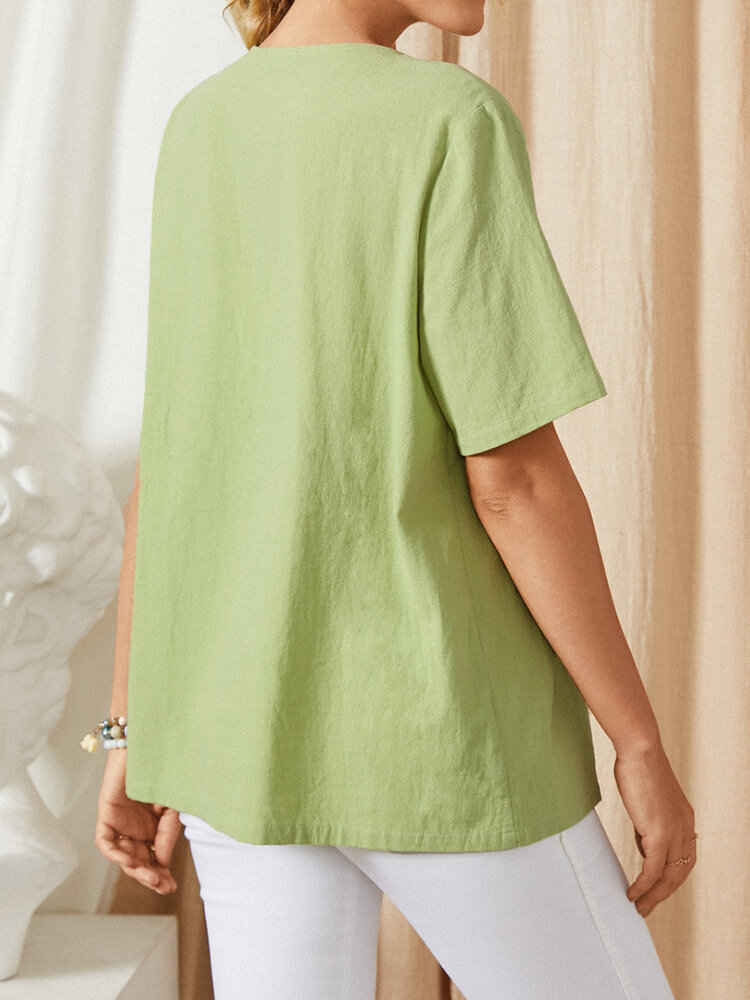 Round Neck Casual Loose Solid Color Short-sleeved Blouse