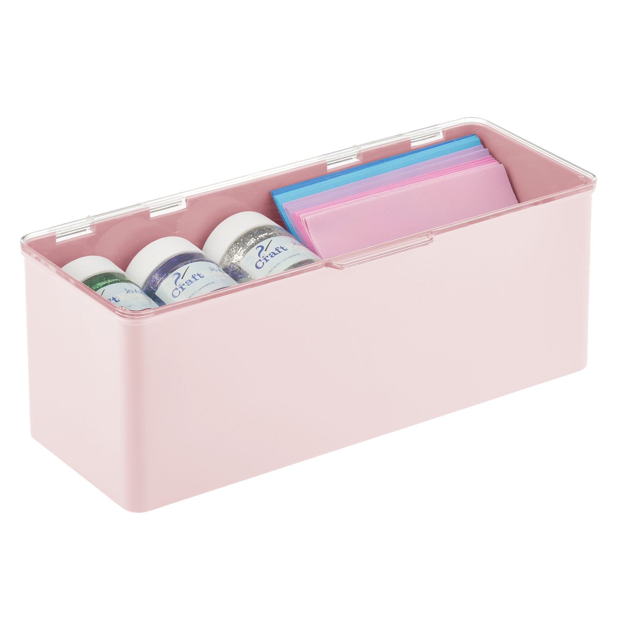 mDesign Plastic Household Storage Container Organizer Bins with Hinged Lid - Closets, Shelves, Drawers - Holds Small Toys, Flatware, Make Up, Jewelry, Office Supplies, or Accessories, Light Pink/Clear