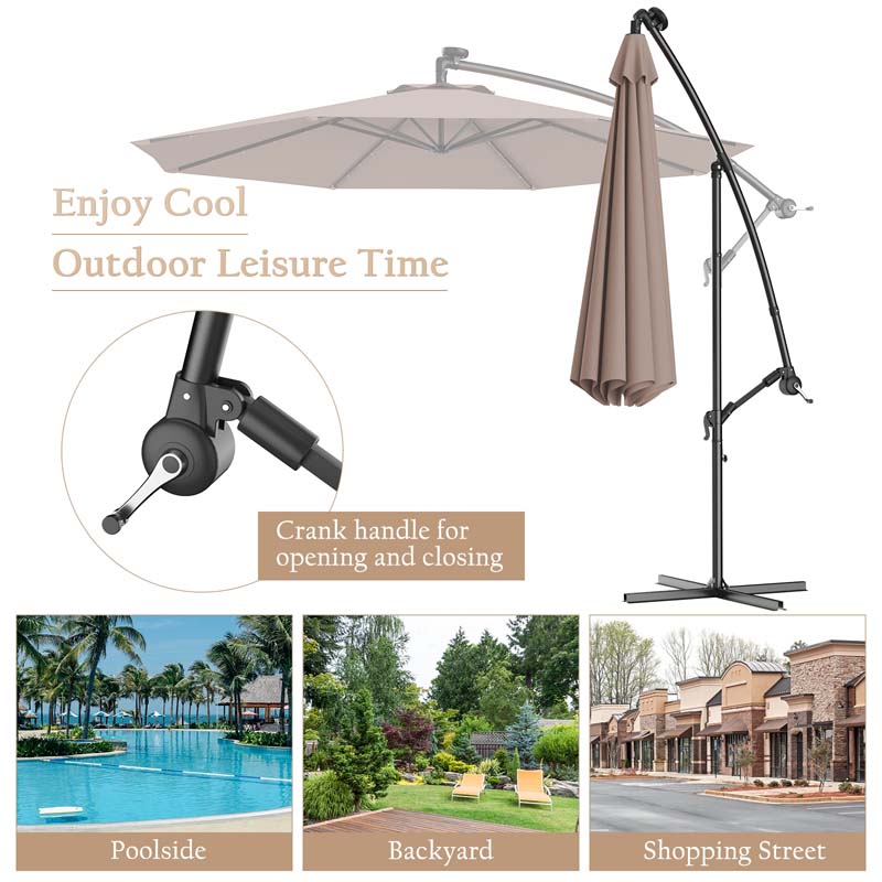 10 FT Offset Patio Umbrella with Solar LED Lights & Cross Base, Large Outdoor Cantilever Umbrella for Sun Rain